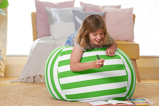 Aubliss Stuffed Animal Bean Bag Storage Chair, Beanbag Covers Only for Organizing Plush Toys, Turns into Bean Bag Seat for Kids When Filled, Medium 32"-Canvas Stripes Green/White - LeafyLoom