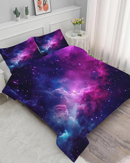Galaxy Comforter Sets Queen Size Purple Outer Space Bedding Set for Teen Girls Boys Kids Children Bedroom Dorm Quilt 1 Comforter + 2 Pillow Cases - LeafyLoom