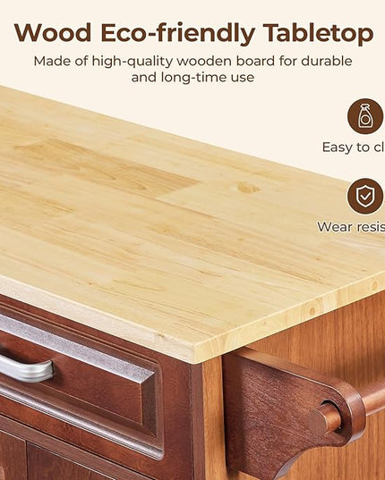 54“ Large Kitchen Island with Storage, Kitchen Cart on Wheels with 2 Large Drawers, Adjustable Shelf Inside Cabinet, Spice Rack & Towel Rack, Simple Design Rolling Island Table for Kitchen - LeafyLoom