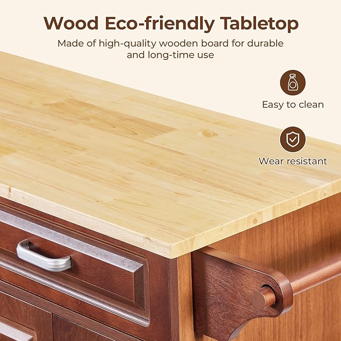 54“ Large Kitchen Island with Storage, Kitchen Cart on Wheels with 2 Large Drawers, Adjustable Shelf Inside Cabinet, Spice Rack & Towel Rack, Simple Design Rolling Island Table for Kitchen - LeafyLoom