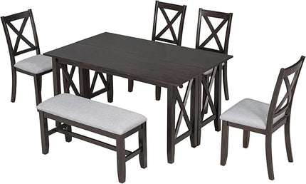 Kitchen 6-Piece Wooden Foldable Dining Table Set with Bench and 4 Padded Chairs, Space-Saving, Espresso - LeafyLoom