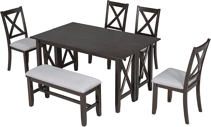 Kitchen 6-Piece Wooden Foldable Dining Table Set with Bench and 4 Padded Chairs, Space-Saving, Espresso - LeafyLoom