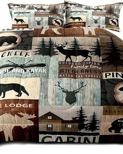 LUVIVIHOME 3PCS Black Bear Moose Deer Comforter Set, Full Size Comforter, Pine Tree Forest Animal Rabbit Elk Wolf Wildlife Hunting Cabin Lodge Vintage Country Rustic Farmhouse Bedding, 2 Pillow Shams - LeafyLoom