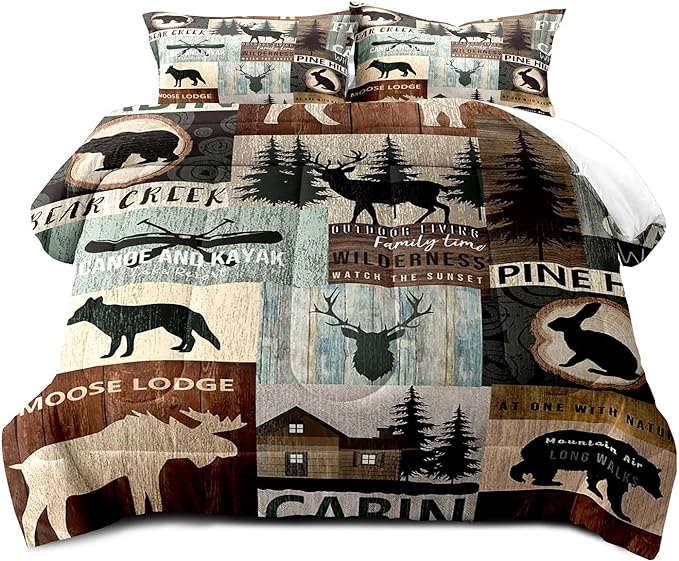 LUVIVIHOME 3PCS Black Bear Moose Deer Comforter Set, Full Size Comforter, Pine Tree Forest Animal Rabbit Elk Wolf Wildlife Hunting Cabin Lodge Vintage Country Rustic Farmhouse Bedding, 2 Pillow Shams - LeafyLoom