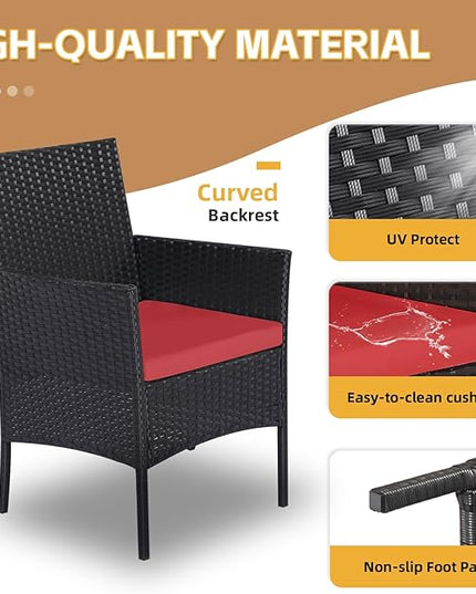Patio Furniture Set 3 Pieces All-Weather Rattan Outdoor Furniture Patio Chairs with Tempered Glass Table for Porch Bistro Balcony Bistro Set(Black/Red) - LeafyLoom