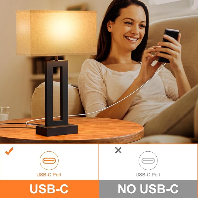 Seealle Bedroom Lamps for Night Stands - Touch Control, 3 Way Dimmable, USB C+A Charging, LED Bulbs, Easy Assembly - LeafyLoom