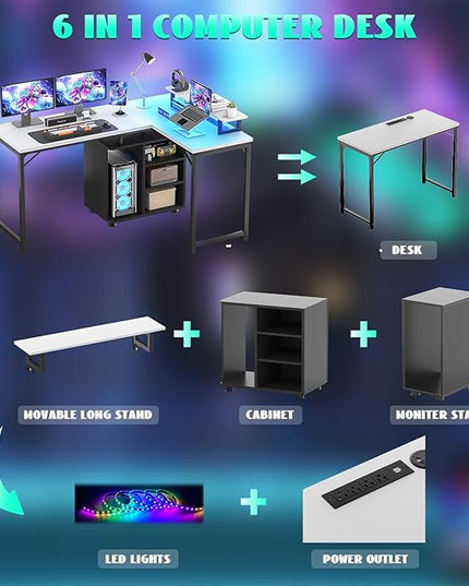Cyclysio L Shaped Gaming Desk with Wood Cabinet, 58" Large Corner Desk with LED Lights & Power Outlet, Reversible Computer Desk with Monitor Stand, Home Office Desk 2 Person Corner Desk, White Black - LeafyLoom