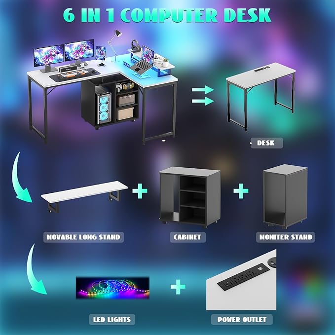 Cyclysio L Shaped Gaming Desk with Wood Cabinet, 58" Large Corner Desk with LED Lights & Power Outlet, Reversible Computer Desk with Monitor Stand, Home Office Desk 2 Person Corner Desk, White Black - LeafyLoom