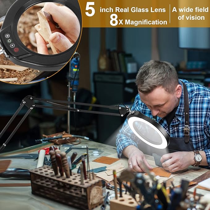 VEEMAGNI 5 Inch Large Magnifying Glass with Light and Stand, 5 Color Modes Stepless Dimmable, 2*16 Inch Swivel Arm LED Clamp Desk Lamp, Hands Free 8X Lighted Magnifier for Close Work Crafts Soldering - LeafyLoom