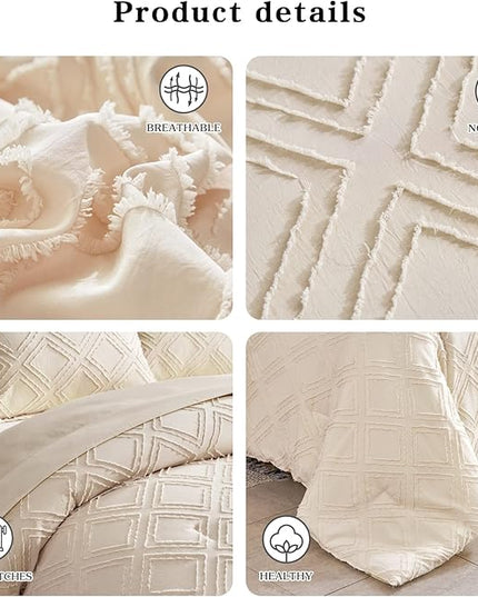 7 Pieces Tufted Bed in a Bag King Comforter Set with Sheets Beige, Soft and Embroidery Shabby Chic Boho Bohemian, Luxury Solid Color with Diamond Pattern, Jacquard Tufts Bedding Set for All Season - LeafyLoom