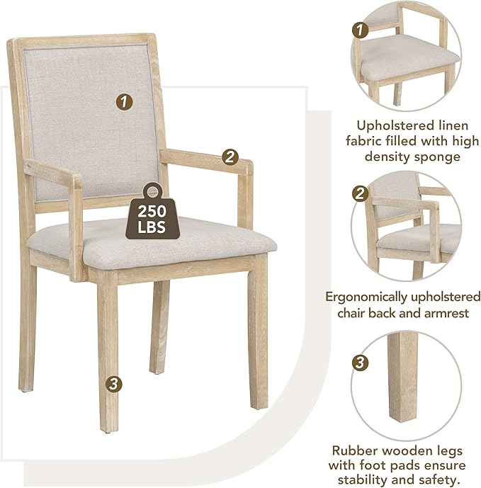 Kitchen 5-Piece Set, Two-Size Round to Oval Extendable Butterfly Leaf Table and 4 Upholstered Dining Chairs with Armrests, Natural Wood Wash - LeafyLoom