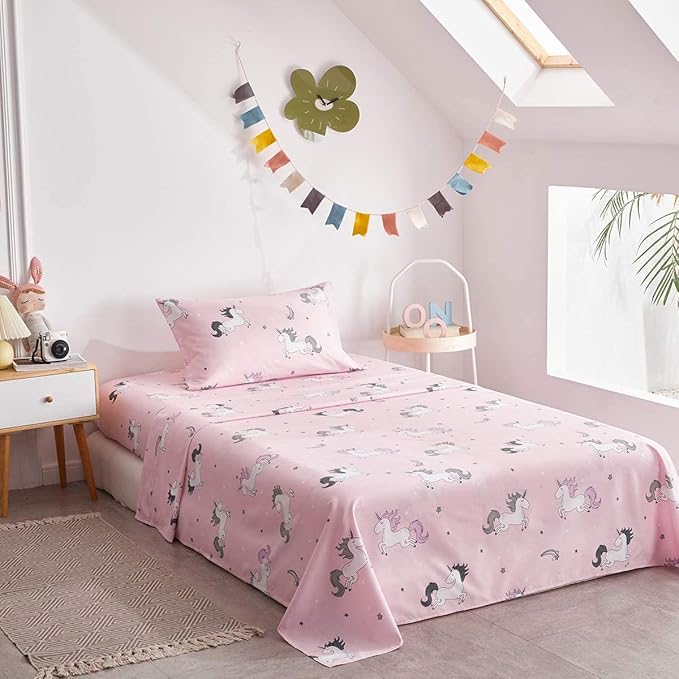 Uozzi Bedding Bed in a Bag 7 Pieces Queen Size Unicorn Pink with Rainbow Star - Soft Microfiber, Reversible Bed Comforter Set (1 Comforter, 2 Pillow Shams, 1 Flat Sheet, 1 Fitted Sheet, 2 Pillowcases) - LeafyLoom