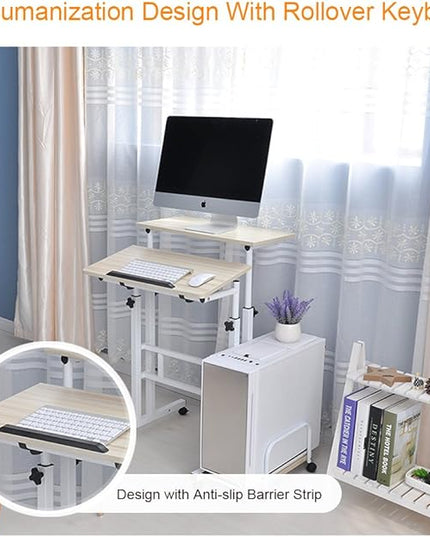 soges Mobile Standing DeskAdjustable Height, Roling Sit-Stand Desk, Small Standing Computer Desk Workstation on Wheels, Sit Stand Up Desk for Home Office, Oak - LeafyLoom