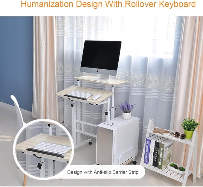 soges Mobile Standing DeskAdjustable Height, Roling Sit-Stand Desk, Small Standing Computer Desk Workstation on Wheels, Sit Stand Up Desk for Home Office, Oak - LeafyLoom