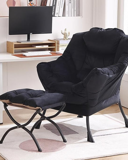 Lazy Chair with Ottoman, Modern Chair with Folding Footrest, Lounge Accent Chair, Comfortable Reading Chair, Oversized Armchairs for Bedroom, Study, Living Room, Courtyard (Black) - LeafyLoom