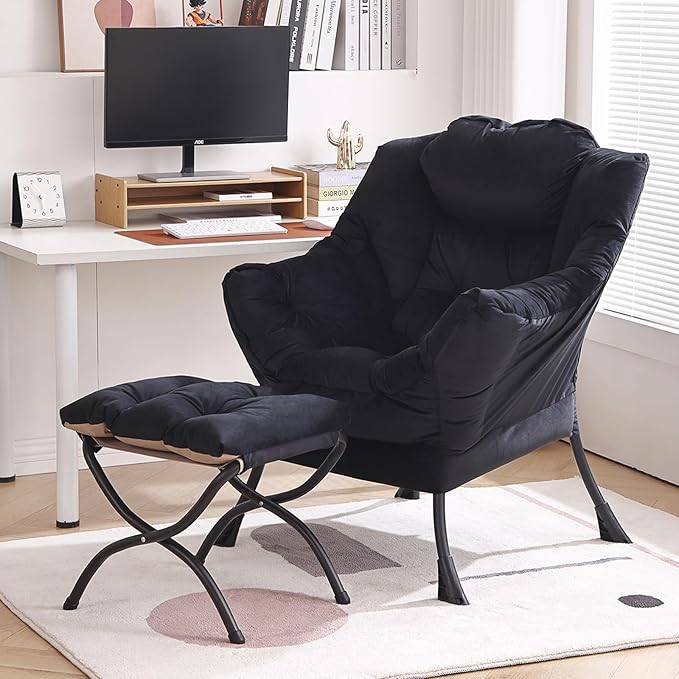 Lazy Chair with Ottoman, Modern Chair with Folding Footrest, Lounge Accent Chair, Comfortable Reading Chair, Oversized Armchairs for Bedroom, Study, Living Room, Courtyard (Black) - LeafyLoom