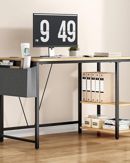 Computer Desk, 47.2” Home Office Desks, Modern Small Desk for Bedroom, Gaming Desk with Iron Hook and Height Adjustable Feet, Sturdy Student Writing Desk with Storage Bag, Storage Shelves - LeafyLoom