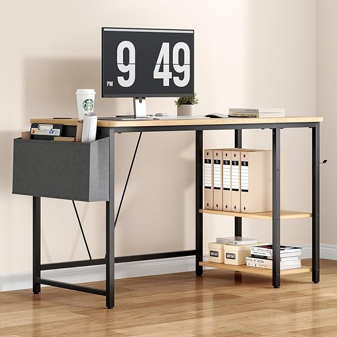 Computer Desk, 47.2” Home Office Desks, Modern Small Desk for Bedroom, Gaming Desk with Iron Hook and Height Adjustable Feet, Sturdy Student Writing Desk with Storage Bag, Storage Shelves - LeafyLoom