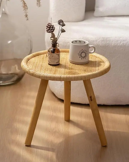 Rattan Round Coffee Table, Boho Circle Side Table End Table for Living Room, Small Mid Century Accent Table for Bedroom Balcony - LeafyLoom