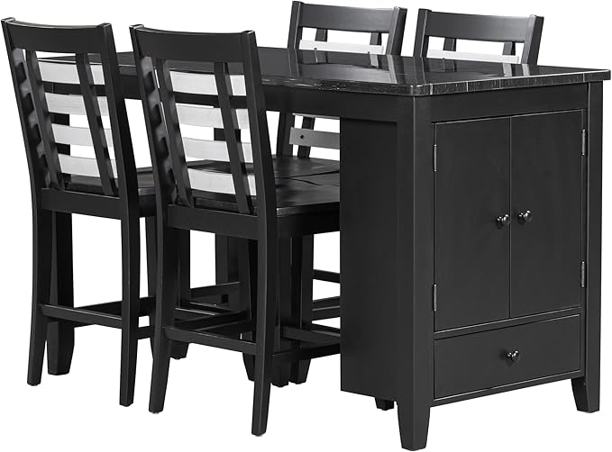 5-Piece Counter Height Wood Dining Table Set with Faux Marble Tabletop, Storage Cabinet and Drawer & 4 Matching Chairs, Black - LeafyLoom