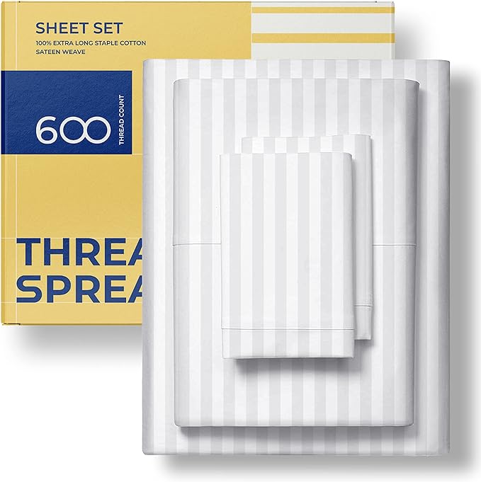 THREAD SPREAD Luxury Egyptian Cotton King Stripe Sheet Set, 600 Thread Count Extra Long Staple 4 PC Set, King White Damask Sheets, Soft, Cooling Sateen Weave Sheets Upto 18" Deep Pocket - LeafyLoom
