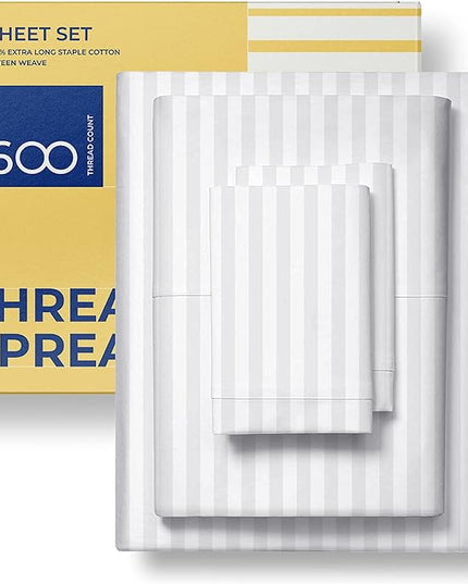 THREAD SPREAD Luxury Egyptian Cotton Twin Stripe Sheet Set - 600 Thread Count Extra Long Staple 3 PC Set, Twin White Damask Sheets, Soft, Cooling Sateen Weave Striped Sheets Upto 18" Deep Pocket - LeafyLoom