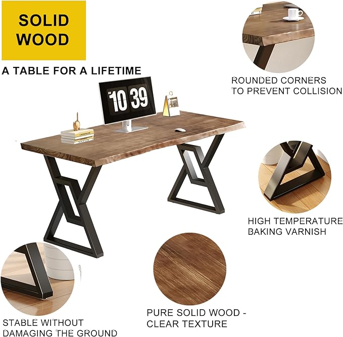 Rustic Brown 55-inch Solid Wood Computer Desk - Modern Gaming Workbench for Home Office, Modern Simple Design, Ideal for Study, Writing, Dining - LeafyLoom