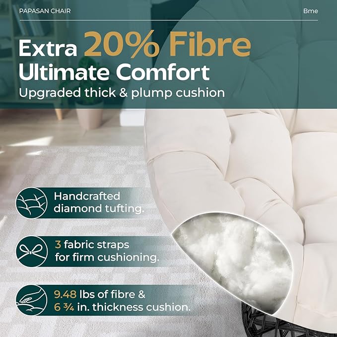 Bme 40" Ergonomic Wicker Papasan Chair with Soft Thick Density Fabric Cushion, High Capacity Steel Frame, 360 Degree Swivel for Living, Bedroom, Reading Room, Lounge - LeafyLoom