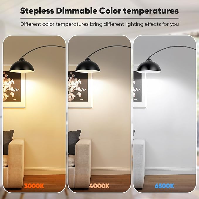 Arc Floor Lamp for Living Room with Remote, 78” Black Standing Lamp with LED Bulb, Stepless Dimmable Color Temperature & Brightness Corner Lamp, Modern Over Couch Tall Reading Light for Bedroom Office - LeafyLoom