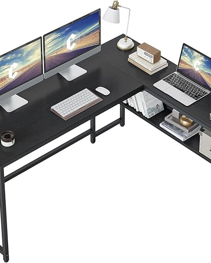 CubiCubi L Shaped Desk, 55.1 inch Corner Computer Desk with Storage Shelves, Home Office Desk with Bookshelf for Writing Gaming Study, Black - LeafyLoom