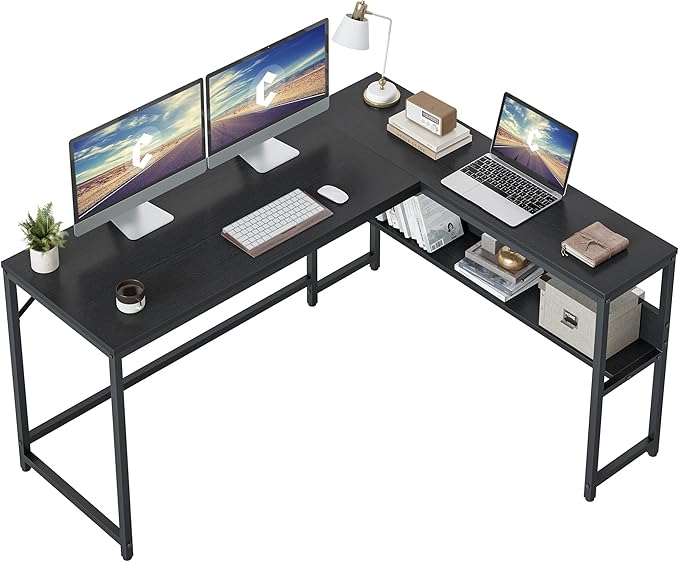 CubiCubi L Shaped Desk, 55.1 inch Corner Computer Desk with Storage Shelves, Home Office Desk with Bookshelf for Writing Gaming Study, Black - LeafyLoom