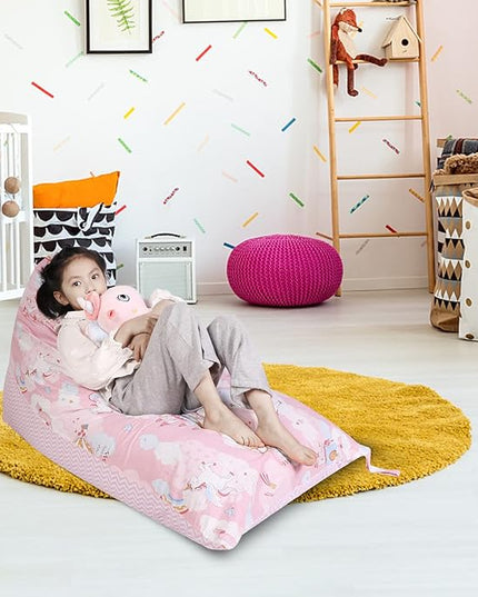 Stuffed Animal Storage Bean Bag Chair Cover, Cotton Pink Unicorn Plush Toy Storage Stuff and Sit Seat for Kids/Teens/Adults, 52" x 31" Extra Large Triangle Floor Sofa, 200L/52Gal, Cover Only - LeafyLoom