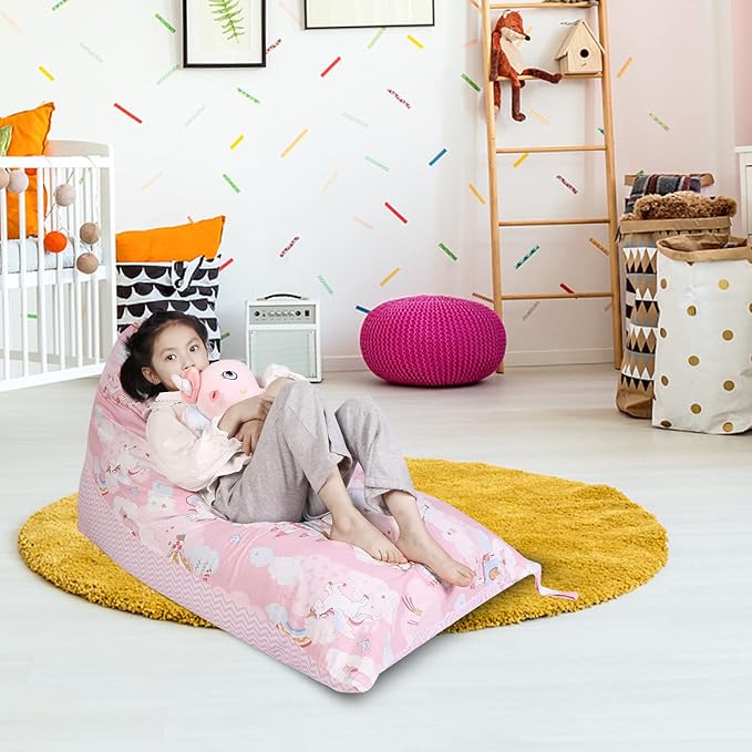 Stuffed Animal Storage Bean Bag Chair Cover, Cotton Pink Unicorn Plush Toy Storage Stuff and Sit Seat for Kids/Teens/Adults, 52" x 31" Extra Large Triangle Floor Sofa, 200L/52Gal, Cover Only - LeafyLoom