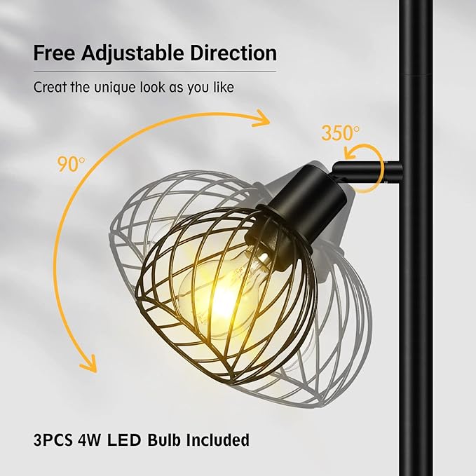 Floor Lamp, Industrial Floor Lamp, Modern Standing lamp with 3 Adjustable Light, 4W E12 LED Bulbs, Metal Stand Up Lamps, Vintage Farmhouse Tree Floor Lamps for Living Room/Bedroom/Office, Black - LeafyLoom