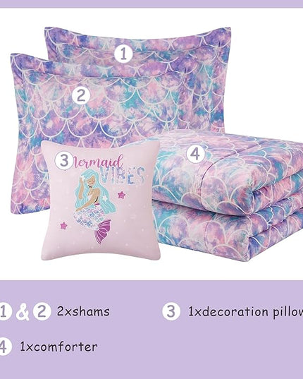KALEIDOSPACE Pink Comforter Set Full for Kids, Glow in The Dark Mermaid Bedding Sets with Decor Pillow, 4 Pieces Girls Bed Set - LeafyLoom