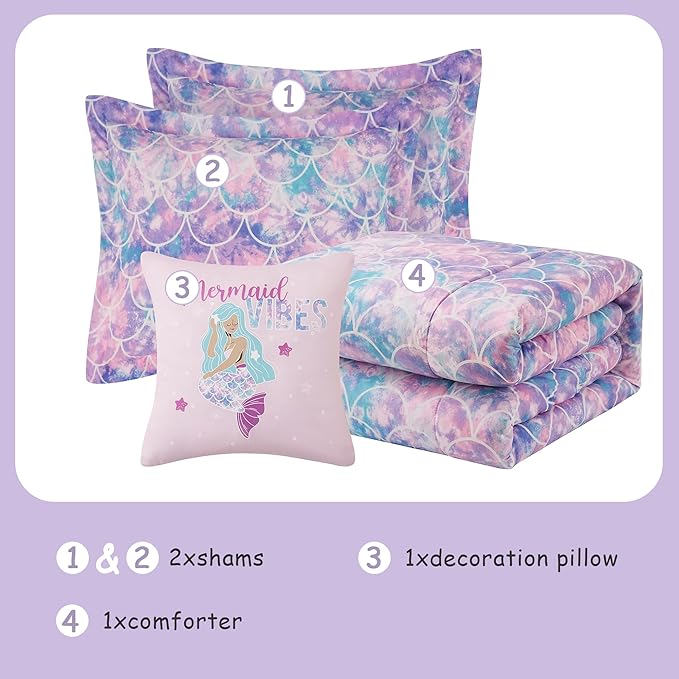 KALEIDOSPACE Pink Comforter Set Full for Kids, Glow in The Dark Mermaid Bedding Sets with Decor Pillow, 4 Pieces Girls Bed Set - LeafyLoom