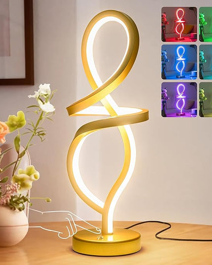 Modern Table Lamp,RGB Table Lamp，LED Spiral Lamp, Gold Bedside Lamp with 7 Colors 10 Light Modes, Touch Dimmable Nightstand Lamp for Bedroom Living Room Home Office, 15W - LeafyLoom