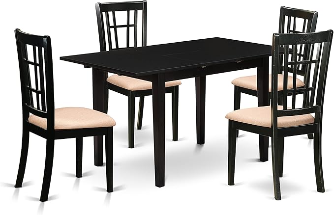 East West Furniture NONI5-BLK-C 5 Piece Dining Table Set for 4 Includes a Rectangle Kitchen Table with Butterfly Leaf and 4 Linen Fabric Upholstered Chairs, 32x54 Inch, Black - LeafyLoom