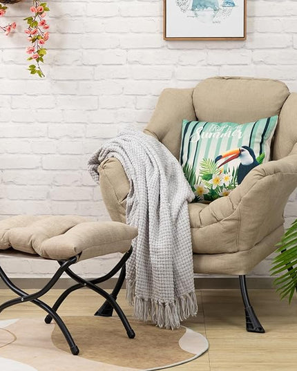 AbocoFur Modern Fabric Lazy Chair and Folding Footrest Stool Set, Accent Contemporary Lounge Chair and Portable Ottoman, Steel Frame Leisure Sofa Chair and Metal Cotton Footstool, Coffee&White - LeafyLoom