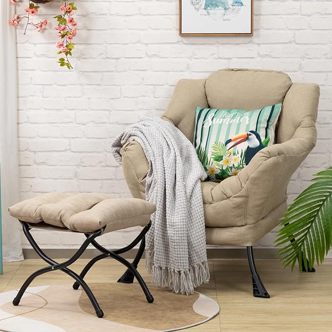 AbocoFur Modern Fabric Lazy Chair and Folding Footrest Stool Set, Accent Contemporary Lounge Chair and Portable Ottoman, Steel Frame Leisure Sofa Chair and Metal Cotton Footstool, Coffee&White - LeafyLoom