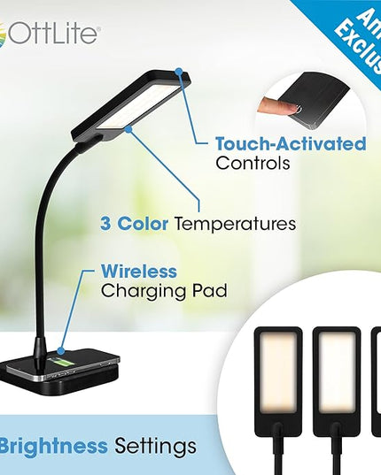 OttLite ClearSun LED Desk Lamp with Wireless Charging - 3 Color Temperature Modes, Flexible Gooseneck - Task Lamp for Home, Reading, Office & College Dorms - LeafyLoom