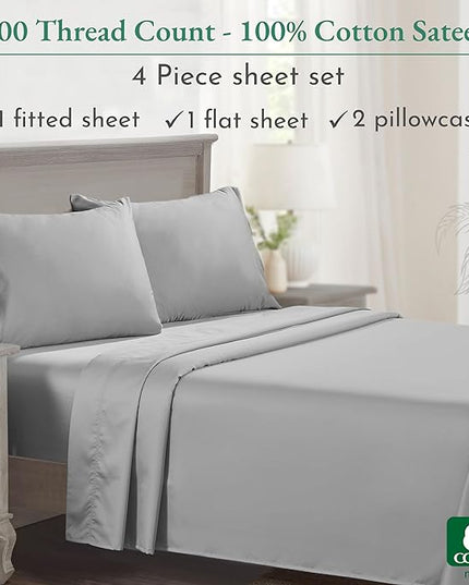 California Design Den - Luxury Full Size Sheet Set - 100% Cotton, 600 Thread Count Deep Pocket Full Size Bed Sheets, Hotel-Quality Cooling Sheets, Sateen Weave - Light Grey - LeafyLoom