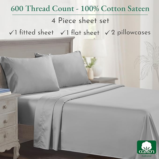 California Design Den - Luxury Full Size Sheet Set - 100% Cotton, 600 Thread Count Deep Pocket Full Size Bed Sheets, Hotel-Quality Cooling Sheets, Sateen Weave - Light Grey - LeafyLoom
