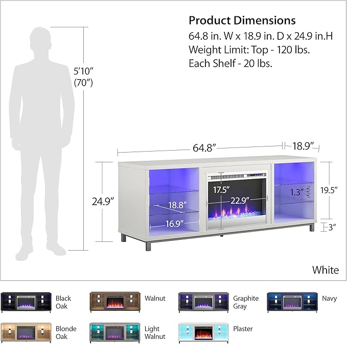 Ameriwood Home Lumina Fireplace TV Stand for TVs up to 70 Inch, Replaceable Electric Fireplace Insert Heater, Remote Control, Timer, Color Changing LED Lights, Crystal Ember Flames, Walnut - LeafyLoom