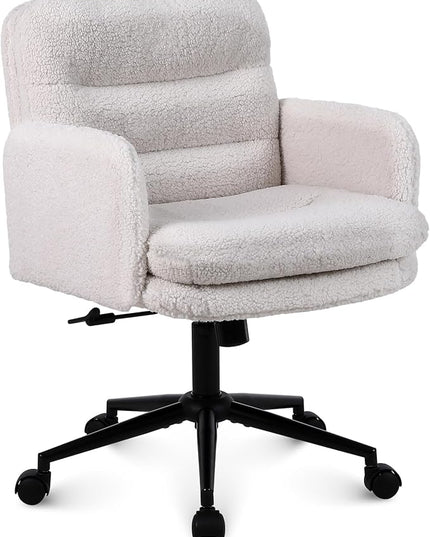 Adjustable Height Home Office Chair, Modern Mid Back Computer Desk Chair with Wheels, Ergonomic Upholstered Swivel Chair, Cream - LeafyLoom