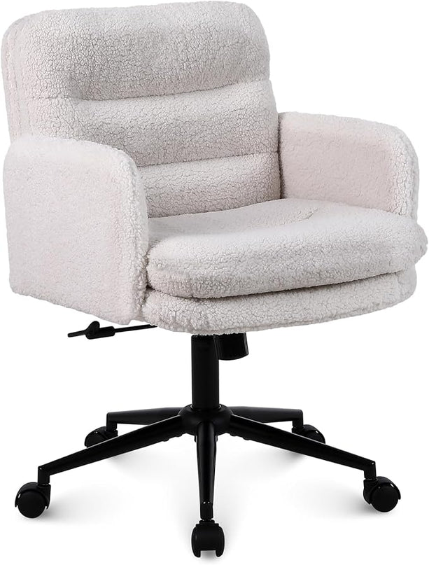 Adjustable Height Home Office Chair, Modern Mid Back Computer Desk Chair with Wheels, Ergonomic Upholstered Swivel Chair, Cream - LeafyLoom
