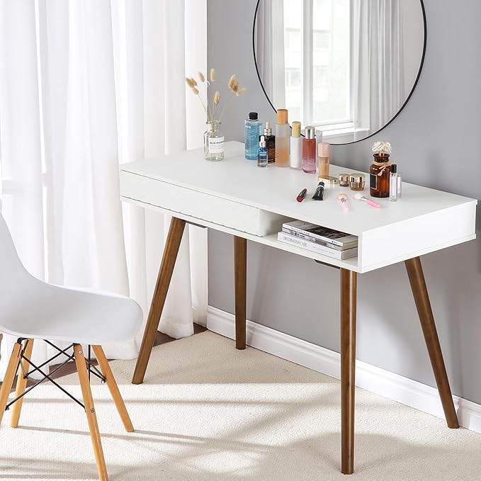 GAOMON Modern Home Office Writing Desk, 42 Inch Computer Table Desk with Drawers, Simple Mid Century Modern Desk, White - LeafyLoom
