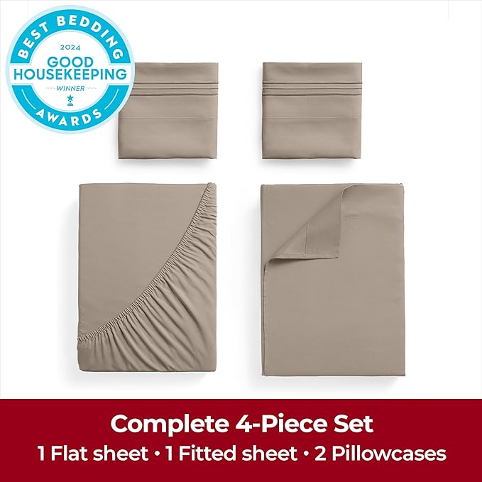 Mellanni California King Sheets Set - 4 PC Iconic Collection Bedding Sheets & Pillowcases - Hotel Luxury, Extra Soft, Cooling Bed Sheets - Deep Pocket up to 16 inch (Cal King, Tan) - LeafyLoom