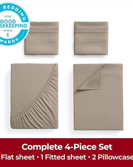 Mellanni Full Sheets Set - 4 PC Iconic Collection Bedding Sheets & Pillowcases - Hotel Luxury, Extra Soft, Cooling Bed Sheets - Deep Pocket up to 16 inch (Full, Tan) - LeafyLoom