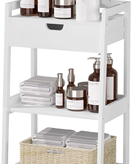 Bathroom Shelves, 3 Tier Ladder Shelf with Drawers, Bamboo Bookshelf Open Shelving, Nightstand Bookcase End Table Plant Stand for Living Room, Bedroom, Bathroom, Kitchen - LeafyLoom